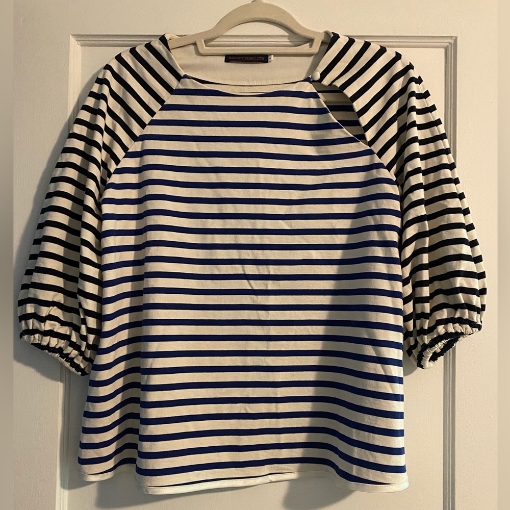 Harvey Faircloth Collarbone Cutout Striped Long Sleeve Tee White Blue Black Sz M